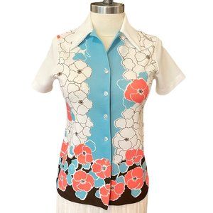 70s Vintage White Brown Orange Aqua Floral Knit Polyester Short Sleeve Shirt XL